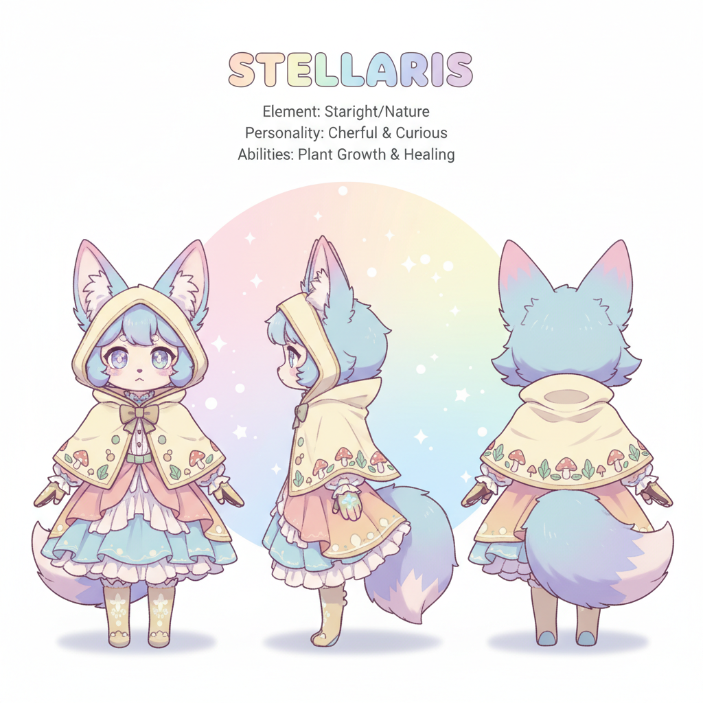 AI character design — cute fox-eared anime companion original character with pastel colors