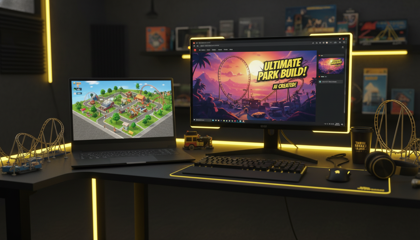 Theme park content creator desk with OpenRCT2 running on one screen and an AI image generator producing a YouTube thumbnail on the second monitor