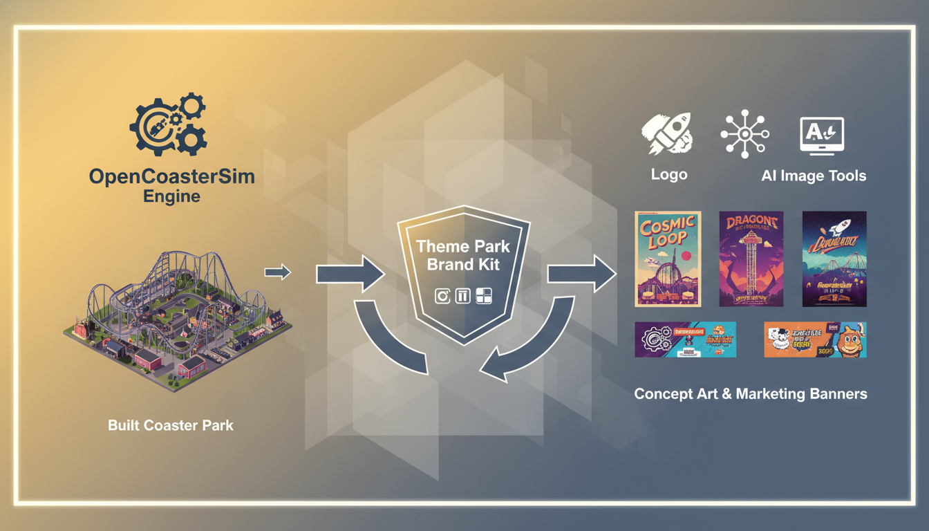 Isometric workflow diagram showing OpenRCT2 building a coaster park and AI image tools producing concept art, ride posters, and banners into a finished theme park brand kit