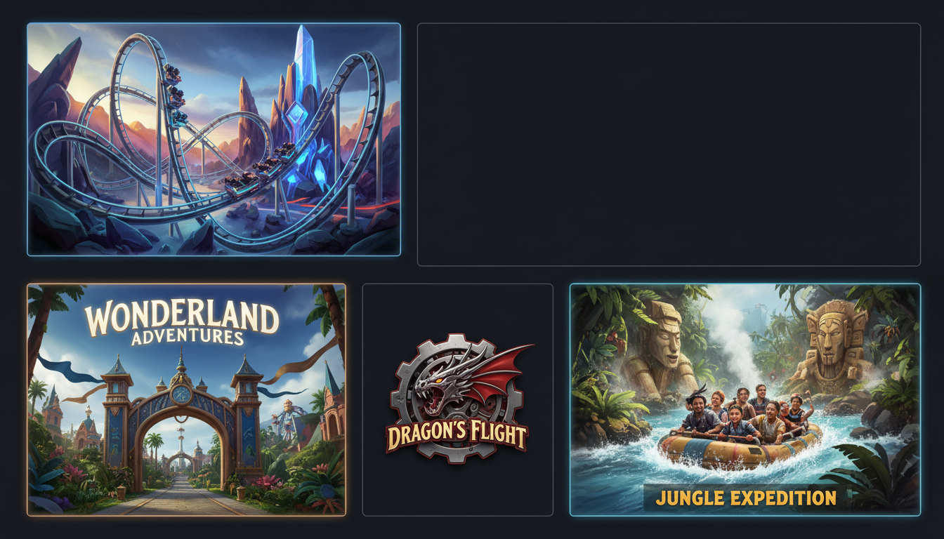 Grid of AI-generated theme park visual assets including coaster concept art, a park entrance promo banner with crisp text, a ride logo, and a scenario thumbnail