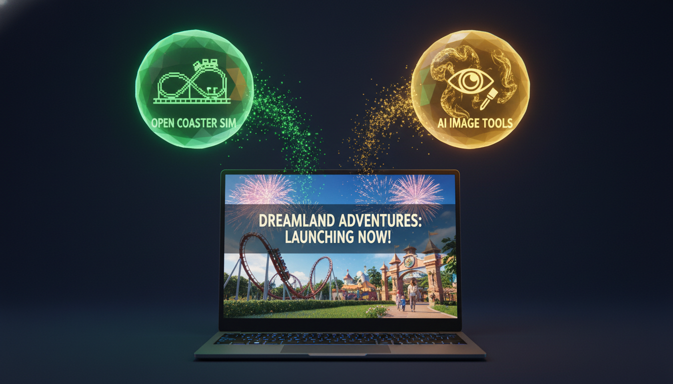 Two glowing orbs above a creator laptop — a green pixel-art game orb for an open-source coaster simulator and a yellow image orb for AI image tools — feeding into a theme park launch trailer
