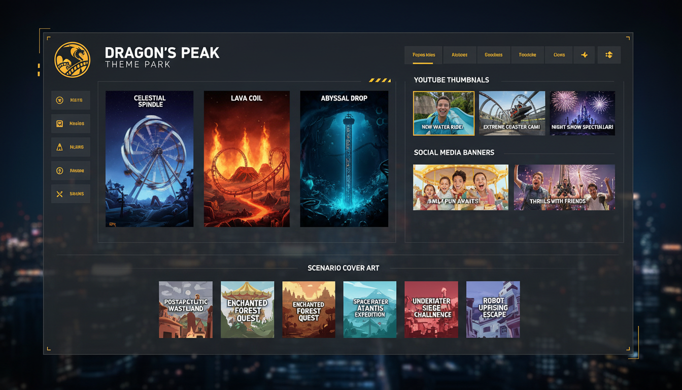 Complete theme park marketing dashboard generated by AI image tools showing park logo, ride posters, YouTube thumbnails, social banners, and scenario cover art with crisp bold text