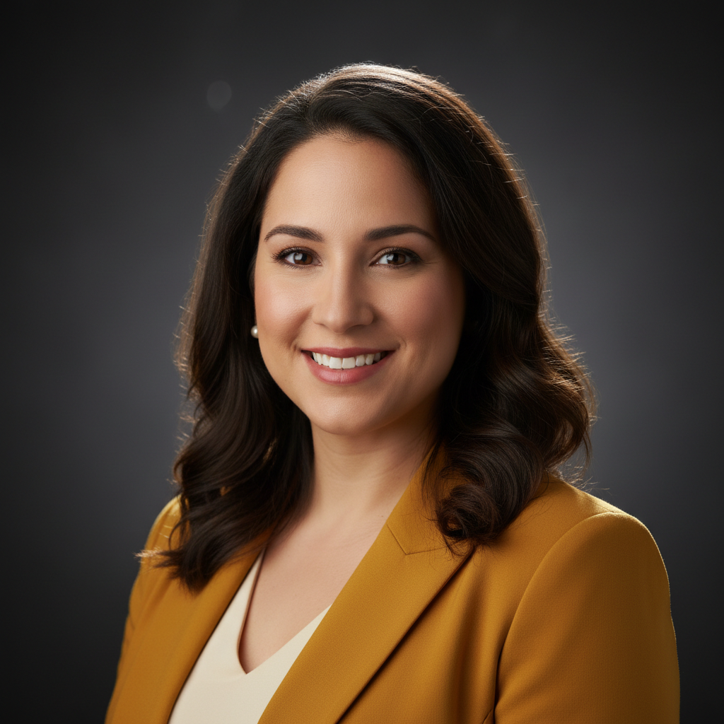 AI image tools vs Perchance AI example — photorealistic professional headshot of a woman in a yellow blazer with studio rim lighting