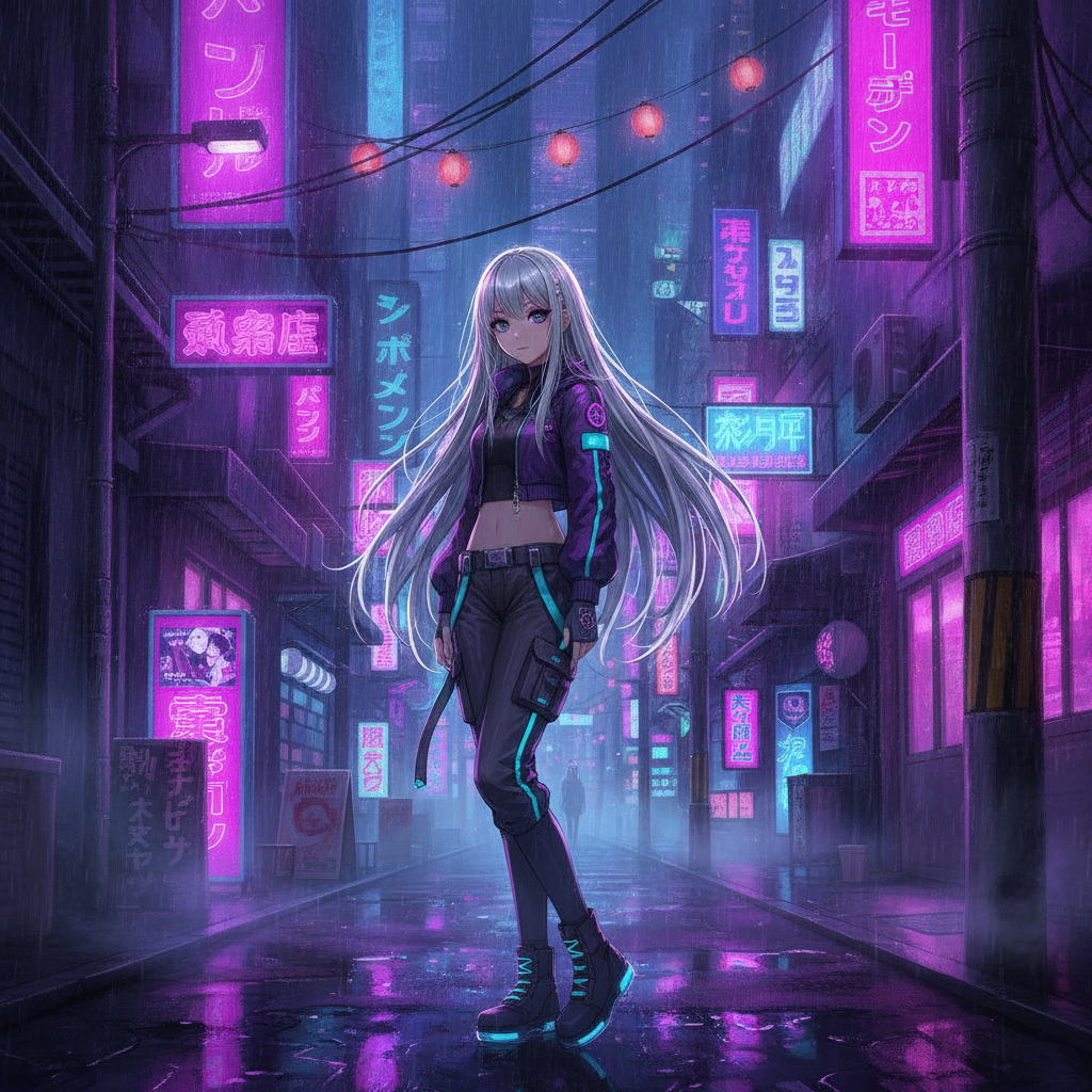 AI image tools vs Perchance AI example — anime illustration of a silver-haired girl in a neon-lit Tokyo alleyway at night
