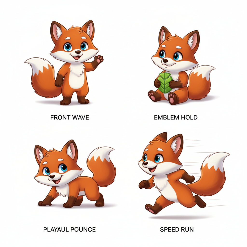 AI image tools vs Perchance AI example — character design sheet showing the same cartoon fox mascot in four consistent poses