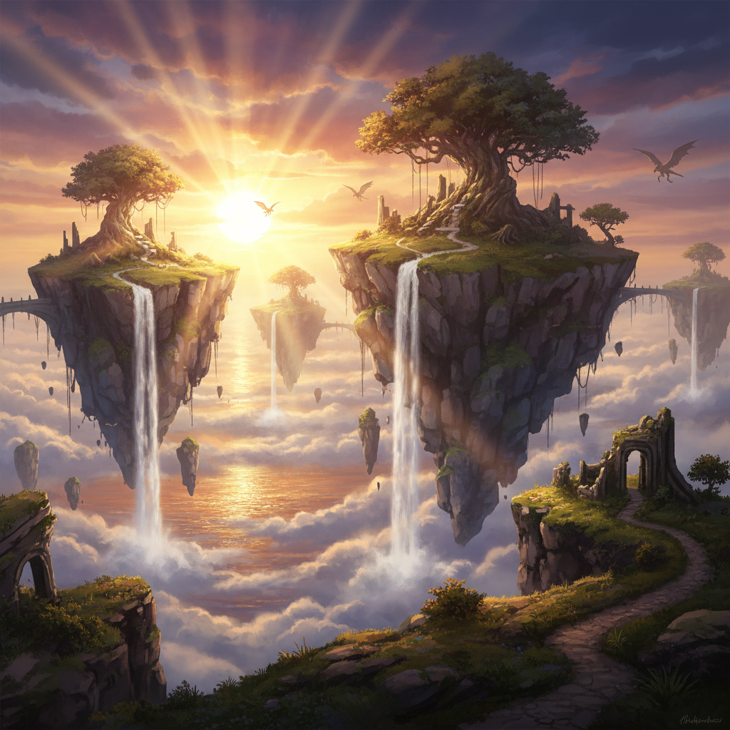 AI image tools vs Perchance AI example — fantasy matte painting of floating islands above a golden sunset ocean