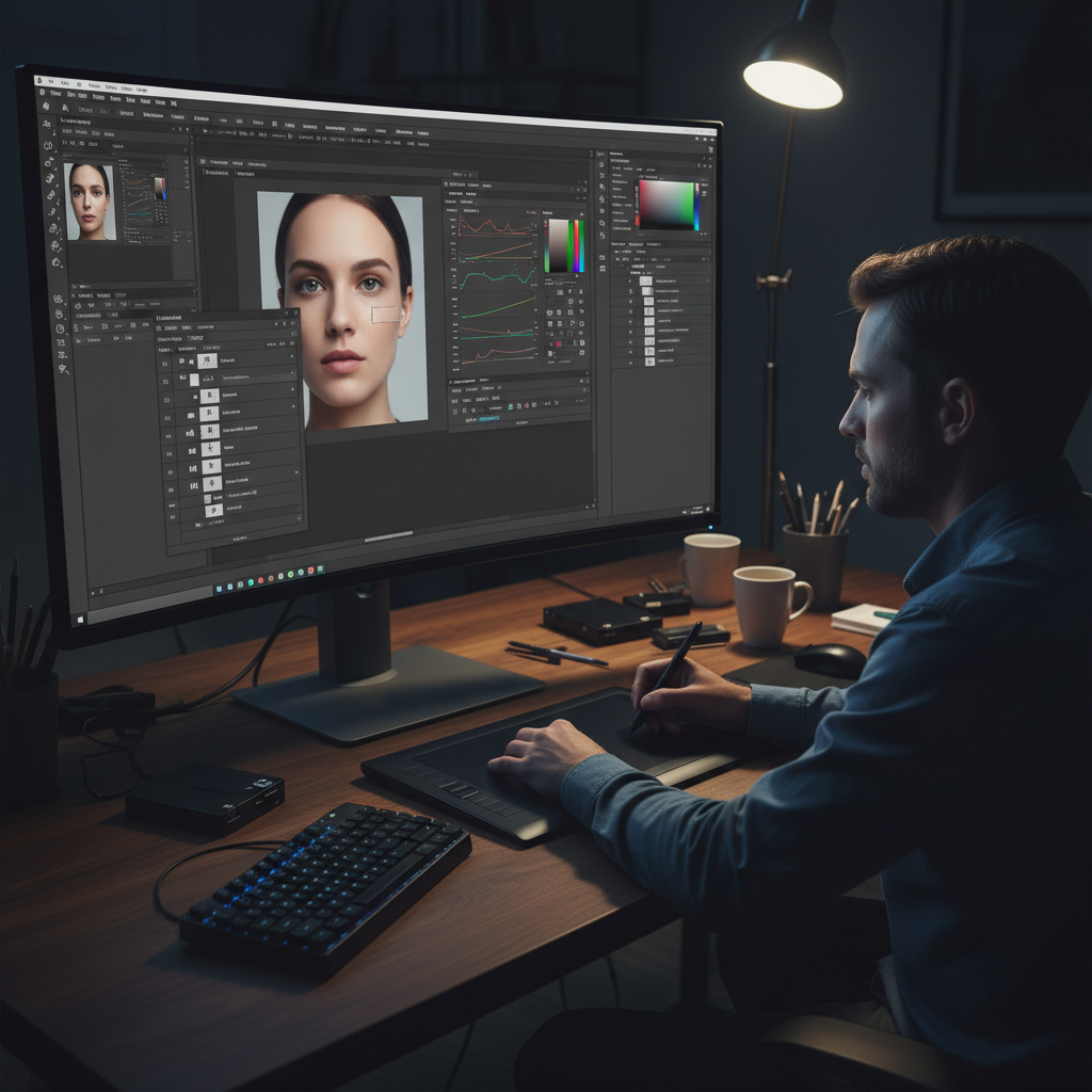Traditional photo editor with layers, masks, and curves used to manually retouch a portrait