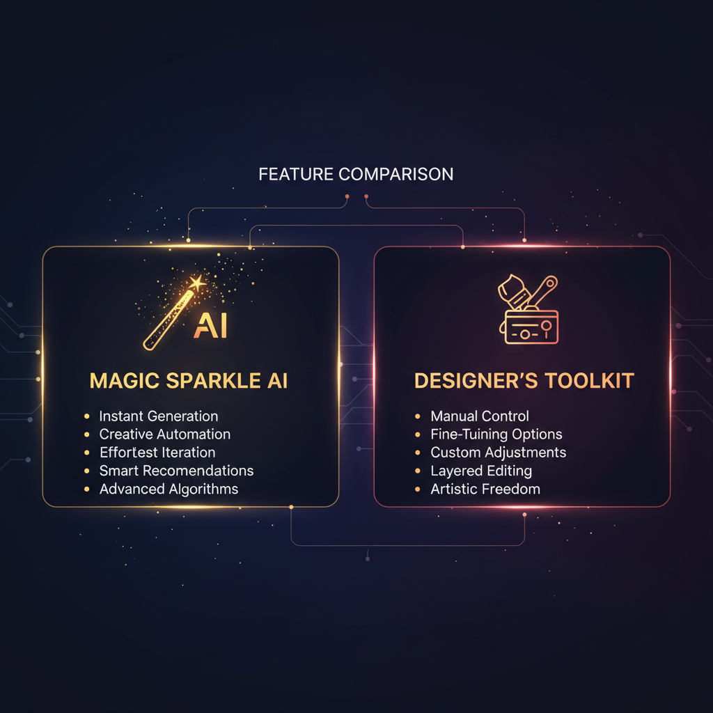 AI image tools vs photo editors feature comparison with an AI sparkle panel and a paintbrush toolbox panel