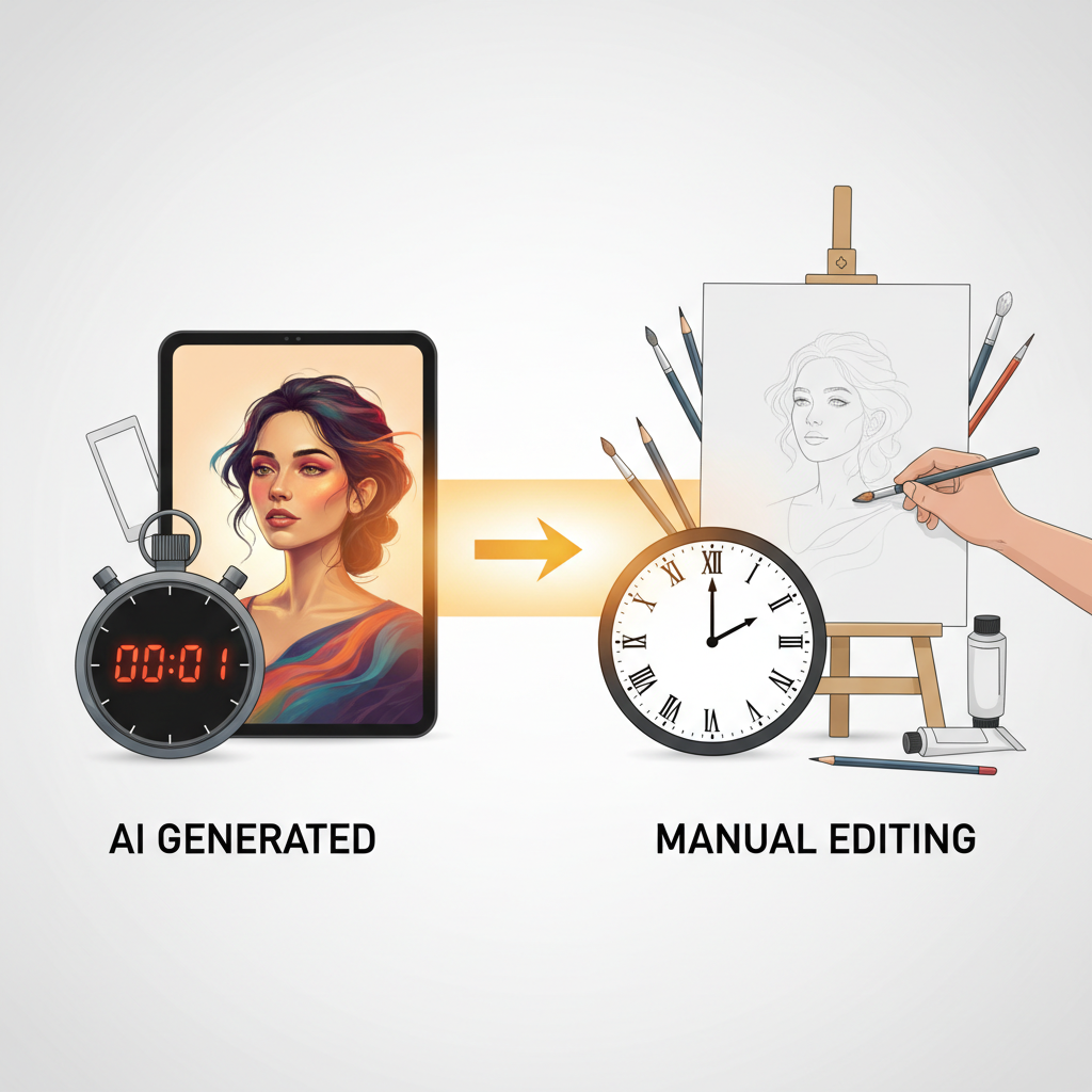 Speed comparison of AI image tools in seconds versus manual photo editing over hours