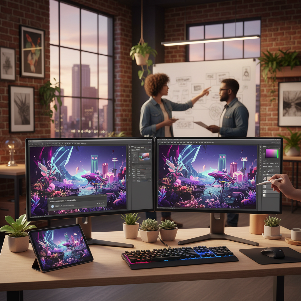 AI image tools and traditional photo editing software used side by side in one modern design workflow