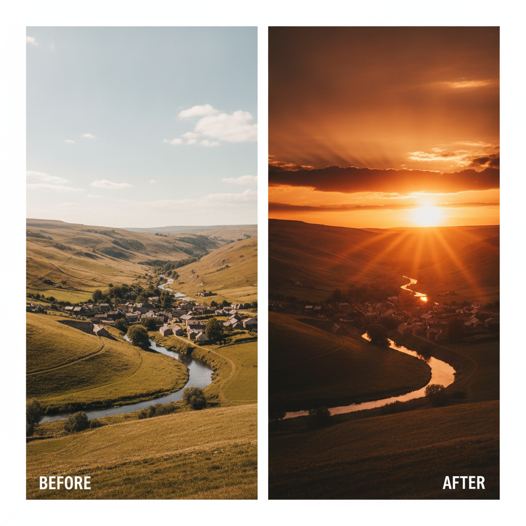 AI image tools vs Photoshop — a landscape photo transformed into a golden-hour sunset scene with one AI prompt