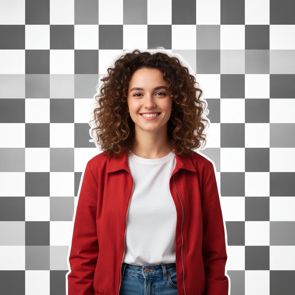AI image tools vs Photoshop — a clean AI background removal result with crisp edges around hair on a transparent checkerboard
