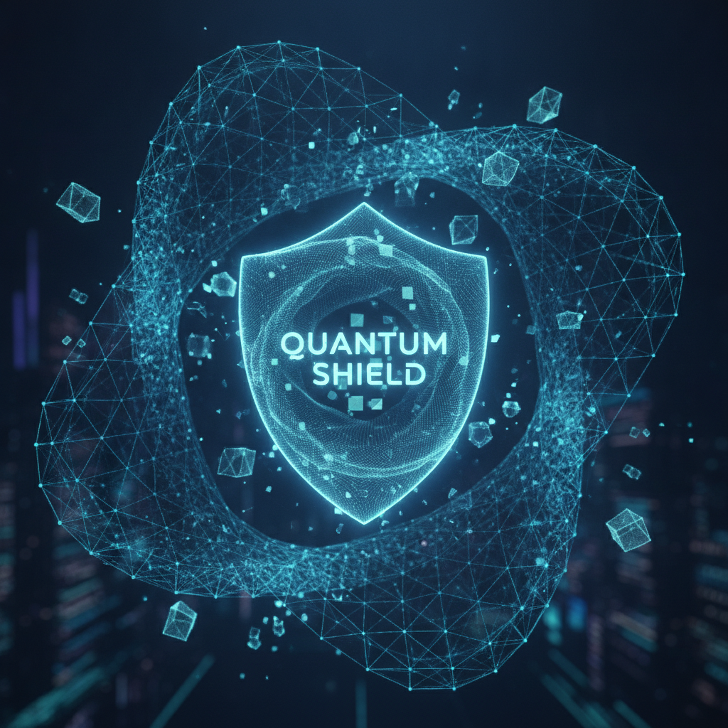 Abstract visualization of lattice-based post-quantum cryptography with interlocking geometric grids and a glowing quantum-resistant shield