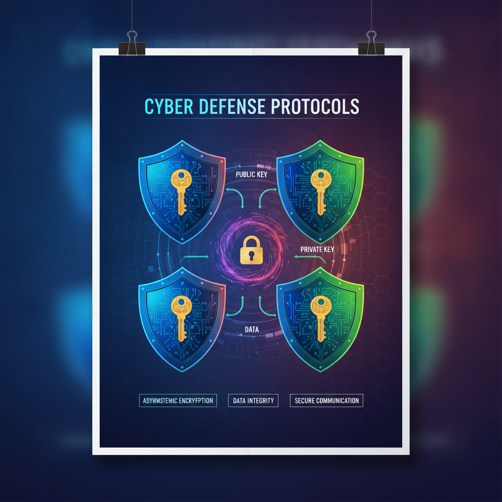 High-resolution AI-generated cybersecurity explainer poster with sharp readable typography and a clean diagram of encryption keys and shields