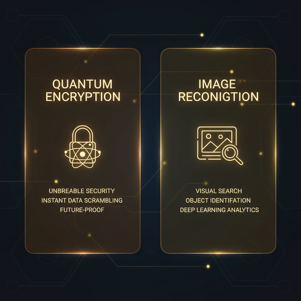Feature comparison illustration with two glowing panels, one showing a lock and quantum atom icon and one showing a still image icon, on a dark interface