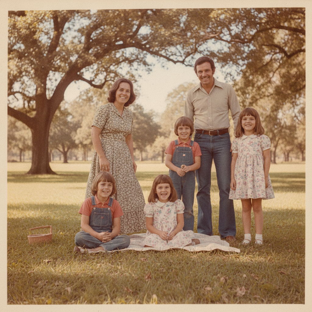 AI image upscaler result — a grainy 1970s family photo enlarged and restored with recovered facial detail
