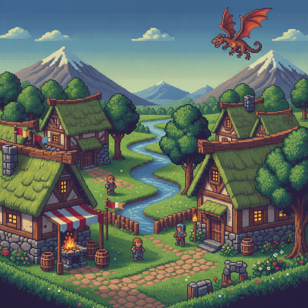 AI image upscaler result — a low resolution retro game sprite scene enlarged with hard edges preserved