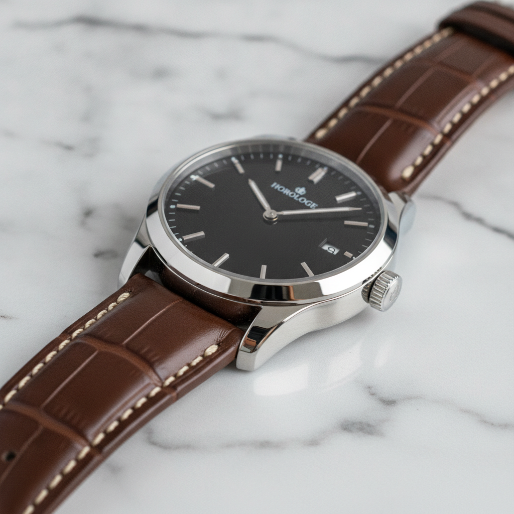 AI image upscaler result — a leather watch product photo enhanced to razor sharp e-commerce quality