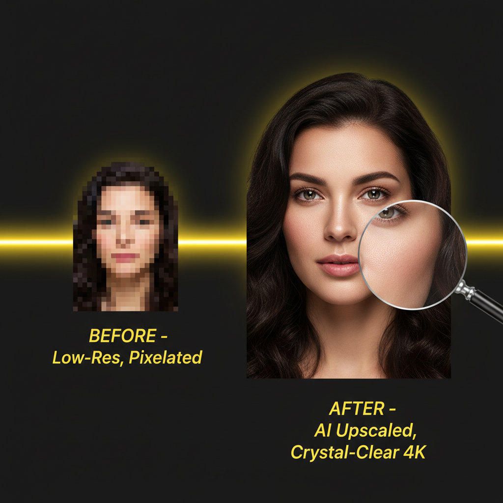 AI image upscaling feature result — a pixelated portrait enlarged into a crystal-clear detailed high-resolution portrait