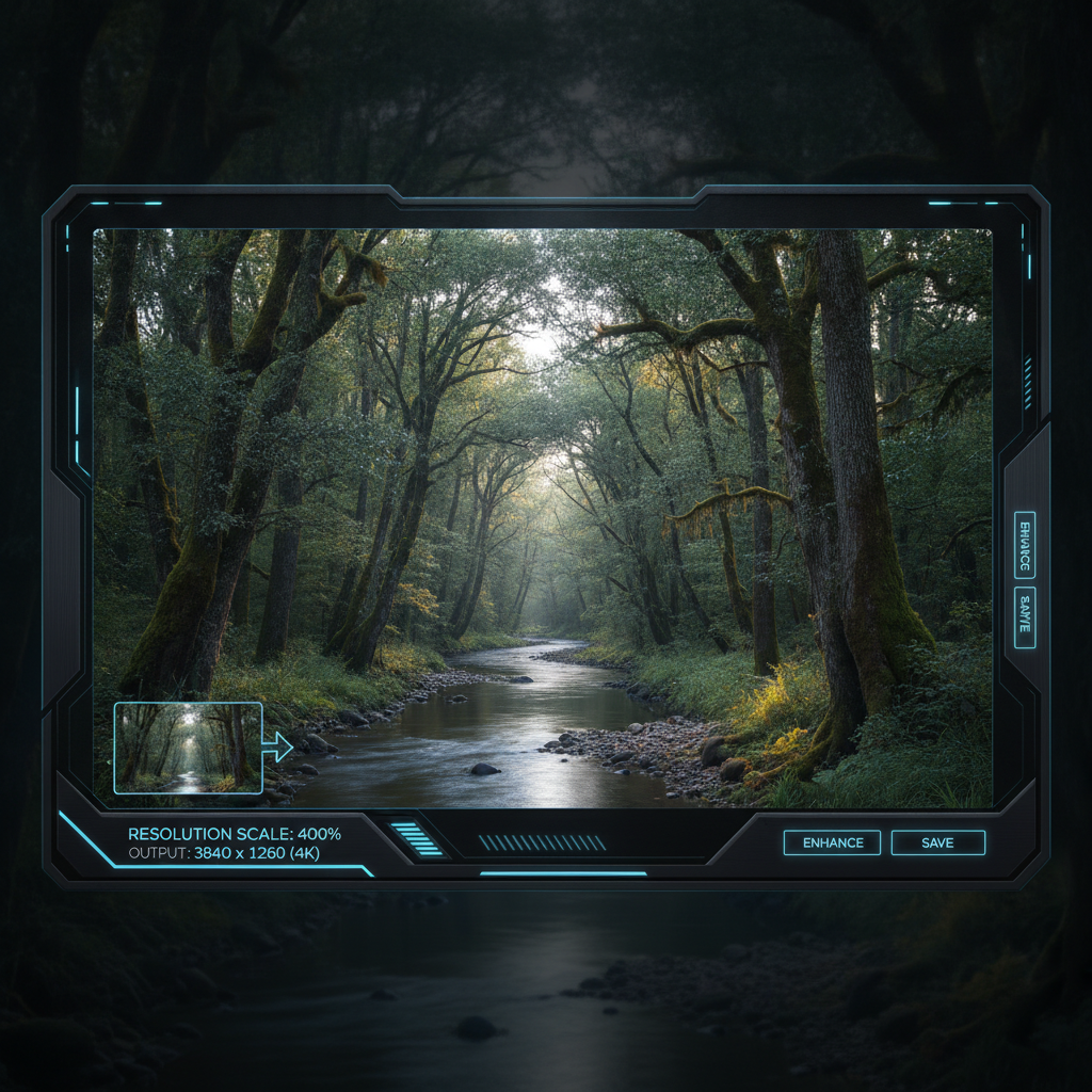 AI image upscaling feature result — a small low-resolution landscape upscaled into a sharp high-resolution poster