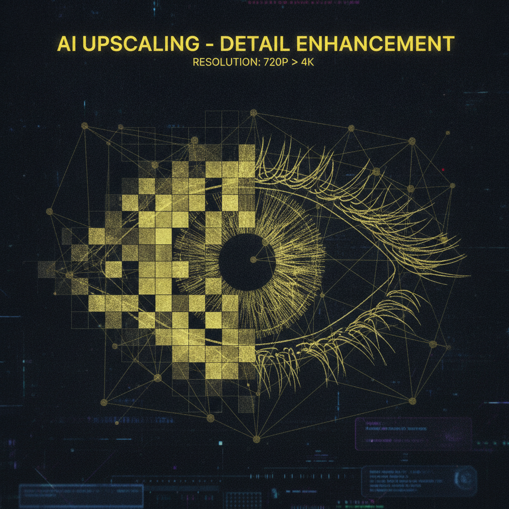AI image upscaling feature result — jagged pixelated edges reconstructed into razor-sharp lines and fine texture