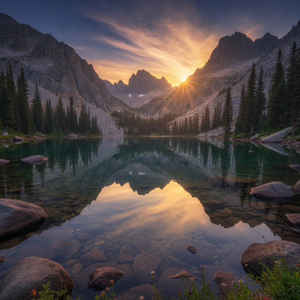 AI upscaled crystal-clear 4K mountain lake landscape with sharp reflections and fine detail in trees and rocks