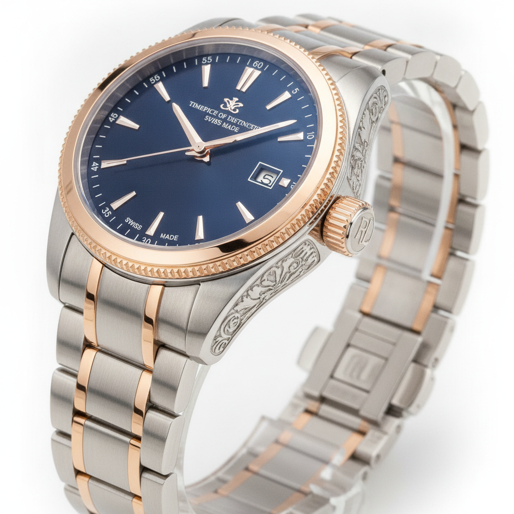 AI upscaled 4K product photograph of a luxury wristwatch with sharp metallic textures and crisp engraving detail