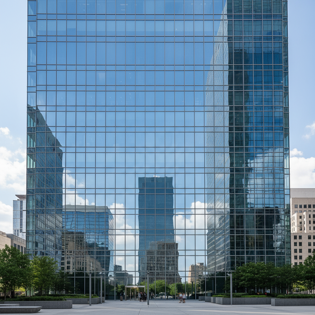AI upscaled ultra-sharp architectural photograph of a glass skyscraper with crisp window grid and clear reflections
