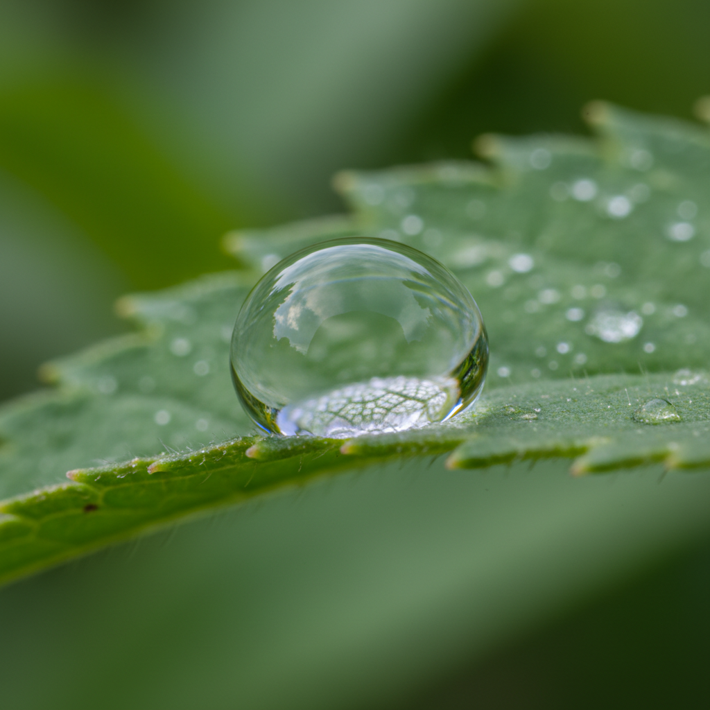 AI upscaled crystal-clear macro close-up of a dewdrop on a leaf with sharp reflections and intricate vein detail