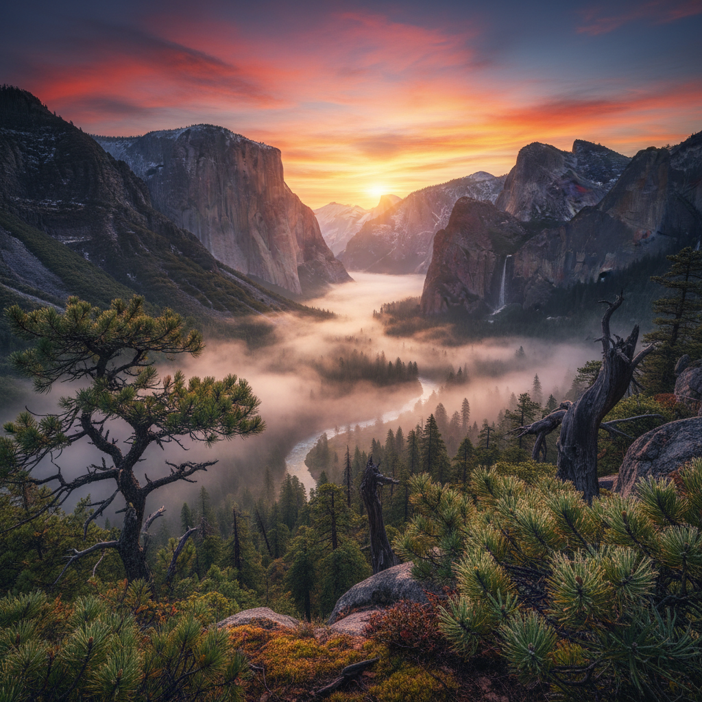 Photo resolution enhancement on a landscape — misty mountain valley at sunrise with sharp pine needles and rock texture at 4K