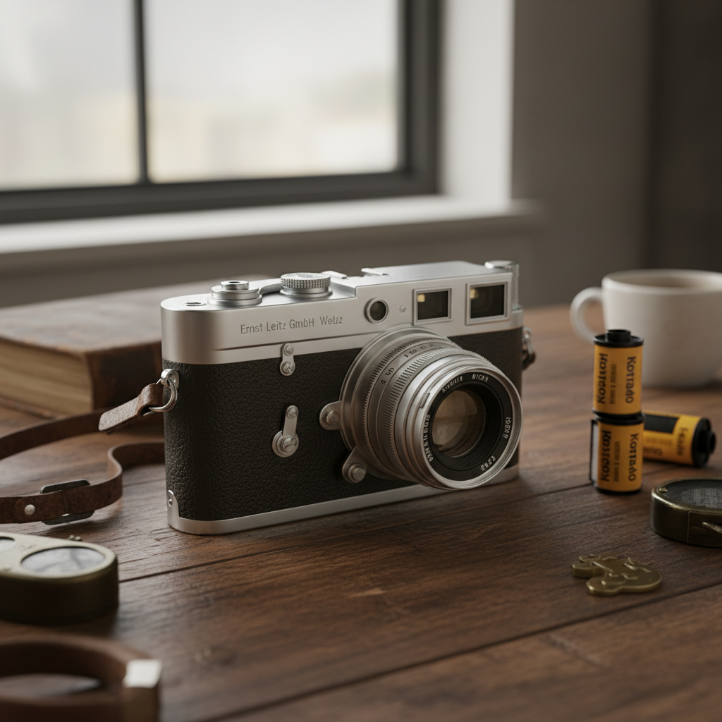 AI photo enhancer output — vintage rangefinder film camera on a wooden desk, sharp chrome, leather grain and wood texture in soft window light