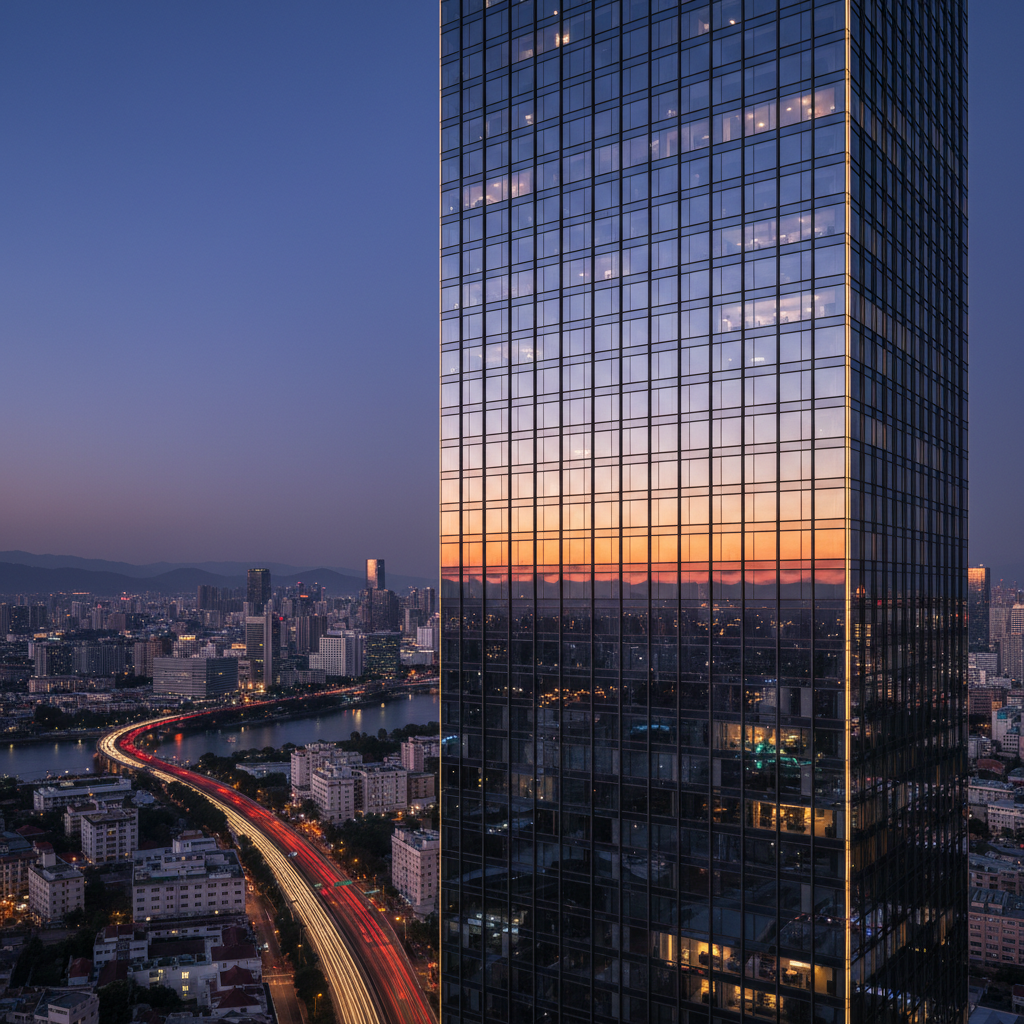 Image quality improvement on architecture — modern glass skyscraper at dusk with crisp window grid lines at 4K resolution