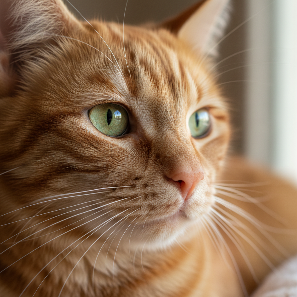 AI image upscaling on an animal photo — orange tabby cat close-up with every whisker and fur strand sharp and detailed iris
