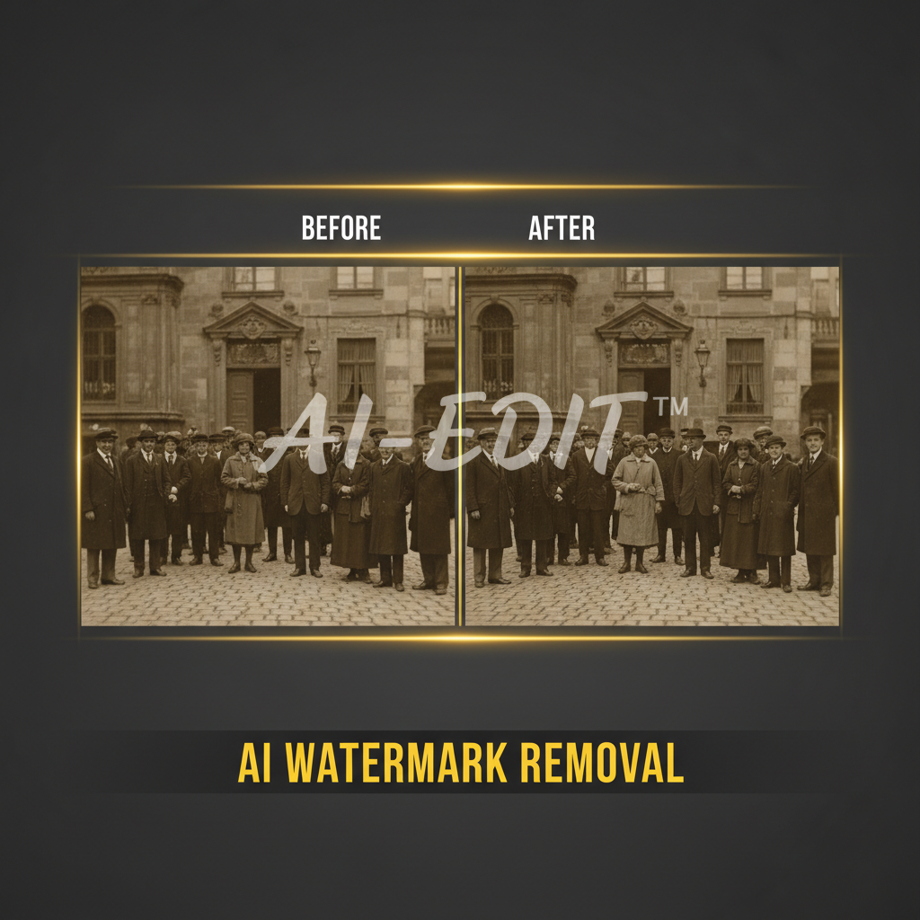 AI image watermark removal showcase showing a before-and-after split of a watermarked vintage photograph cleaned to a pristine restored image, polished AI watermark remover 4K finish ready for content creator delivery