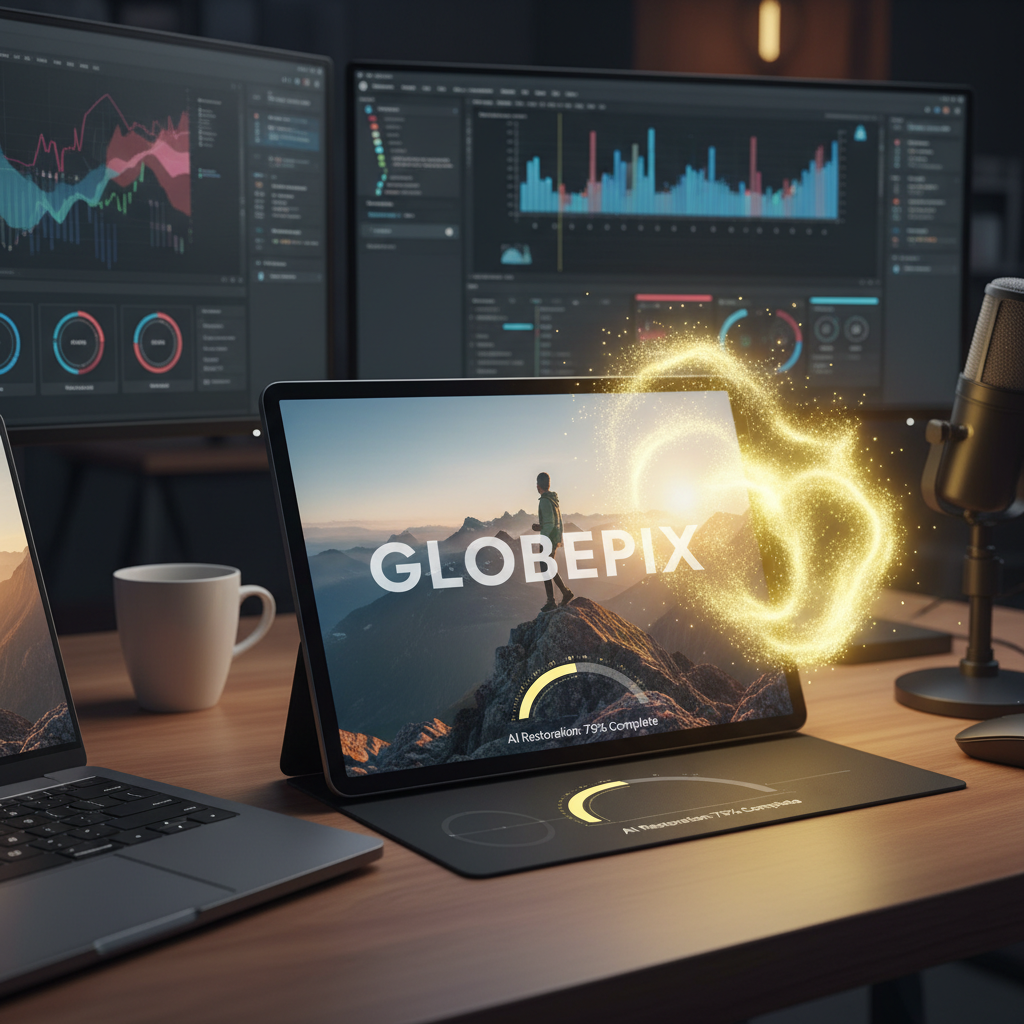 AI image watermark removal output showing a stock photo with logo watermark being erased by AI in real time, glowing yellow particle effect with clean restored image emerging beneath, polished remove image watermarks AI 4K finish