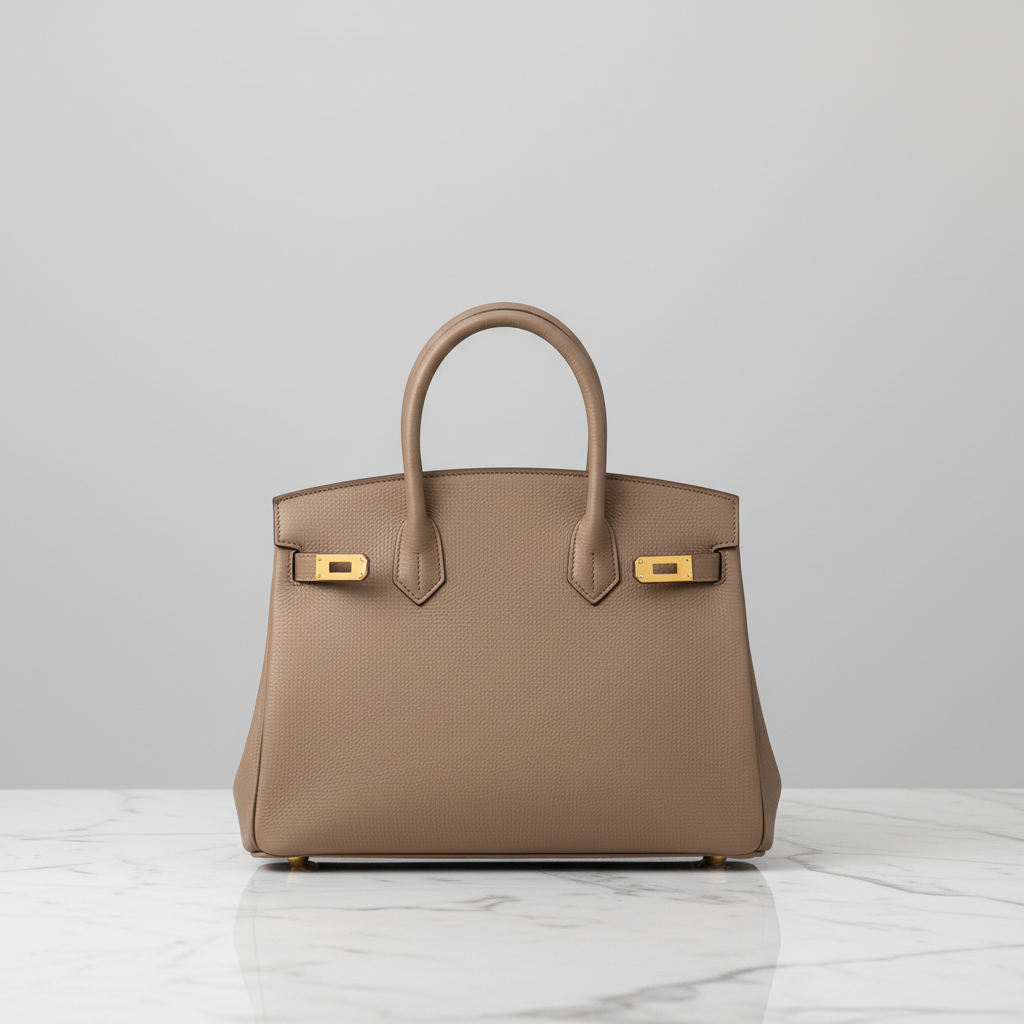 AI image watermark removal result showing pristine clean fashion product photograph of a luxury handbag on marble surface with no traces of original watermarks or stamps, polished AI photo editing tools 4K e-commerce magazine quality