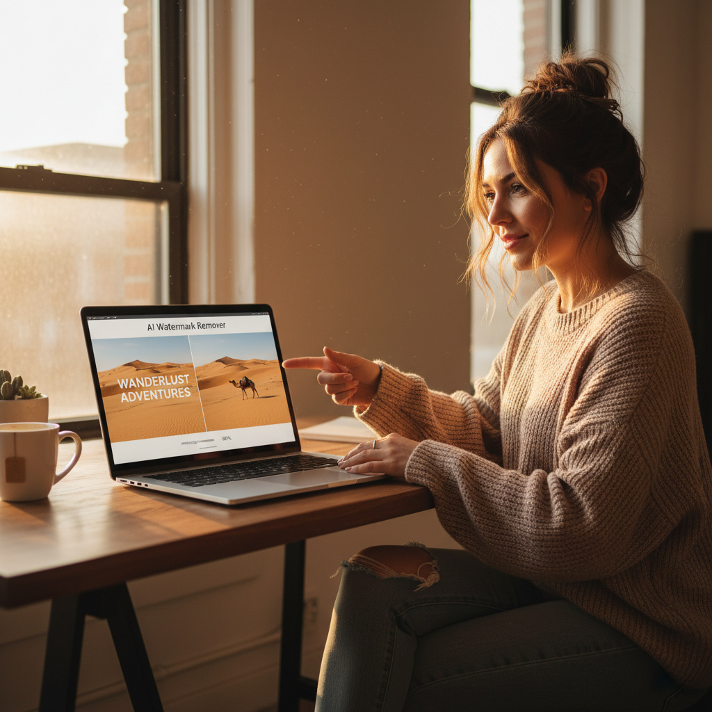 AI image watermark removal output showing a content creator using the watermark remover AI tool on a laptop with a watermarked travel photo transforming into a clean ad-ready version, polished photo cleanup AI 4K lifestyle finish