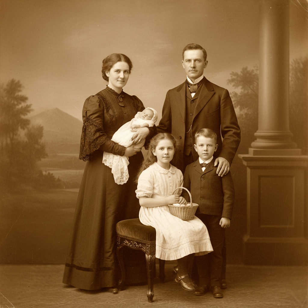 AI image watermark removal output showing a restored vintage family portrait fully cleaned of date stamps and copyright text with warm sepia tones preserved, polished AI image watermark removal 4K archival keepsake finish