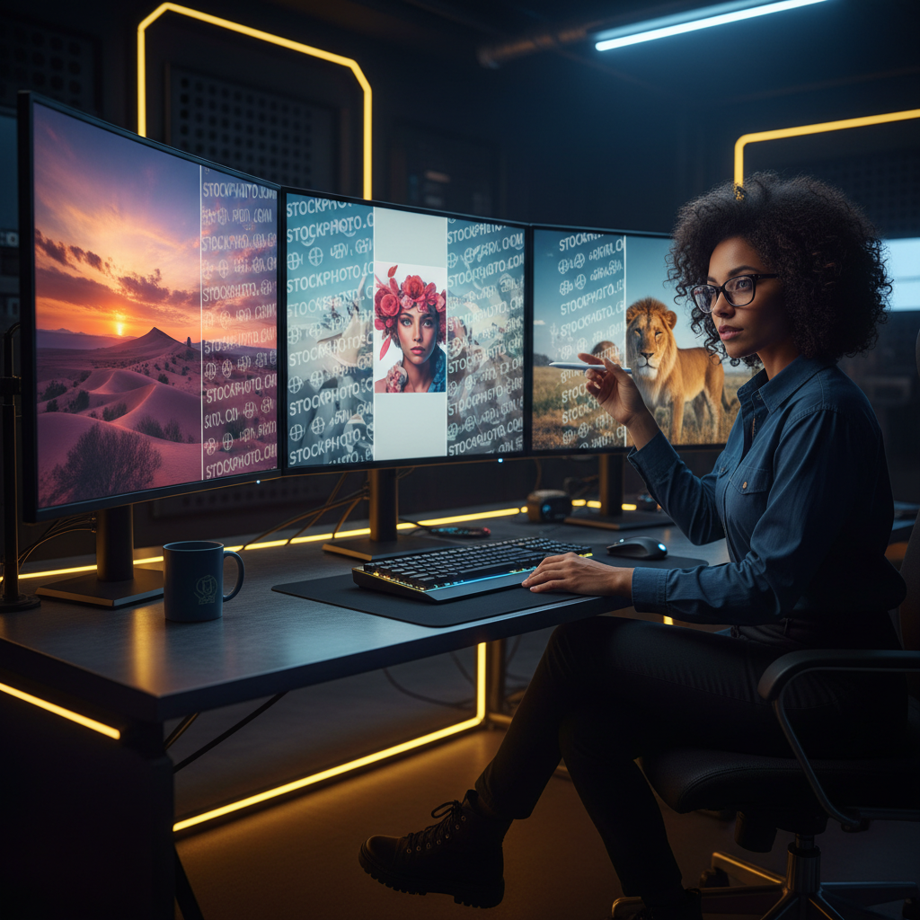AI image watermark removal output showing a graphic designer reviewing batch cleanup results across multiple monitors with clean stock images side by side with watermarked originals, polished AI watermark remover 4K editorial quality finish
