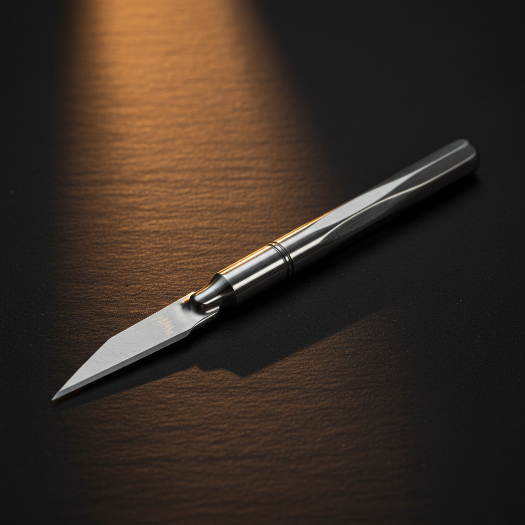 Precision AI image editing — a polished steel craft knife on a dark matte surface lit by a single warm amber beam