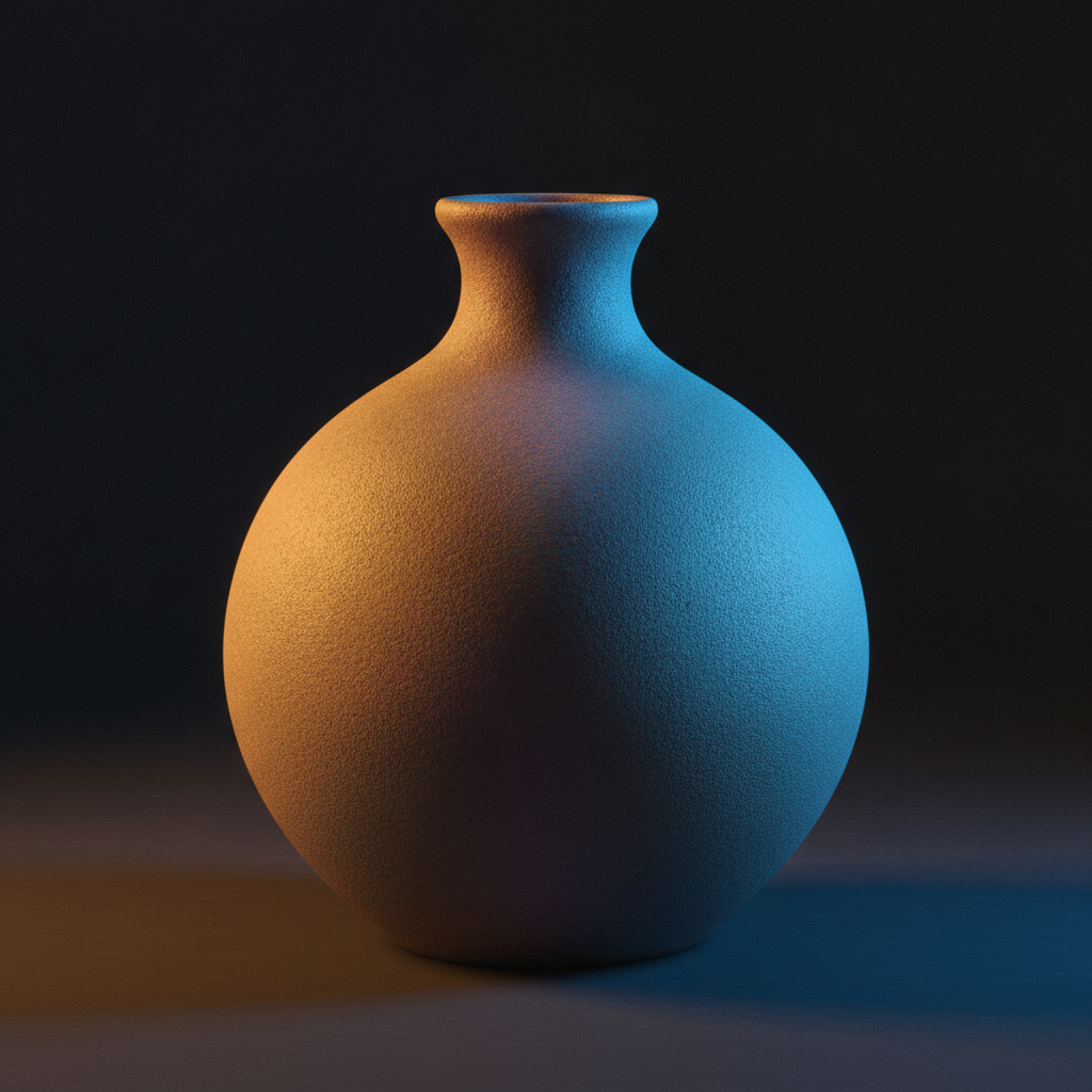 Advanced photo editing lighting control — a matte ceramic vase lit warm amber on one side and cool blue on the other