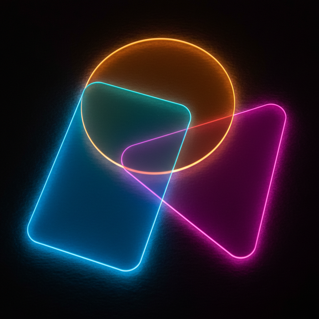 Gemini-3 editor multi-image composition — overlapping neon circle, rectangle and triangle blending on a black field