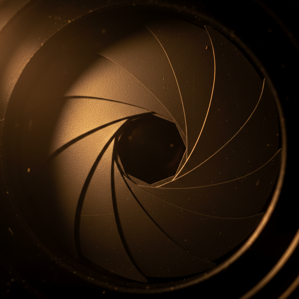 AI image generation control — macro of brass camera aperture blades spiralling open in warm amber light
