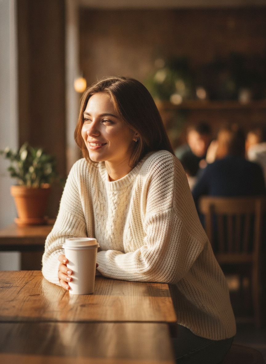 AI influencer generator example — a candid cafe lifestyle photo of a virtual model in a cream oversized knit sweater holding a plain takeaway cup in warm morning light