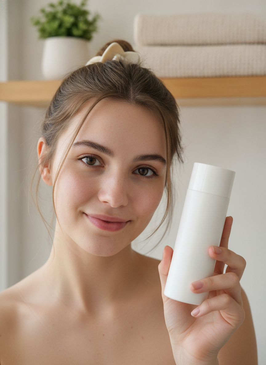 AI UGC creator example — a virtual model holding a plain unbranded white skincare bottle toward the camera on a bright bathroom shelf