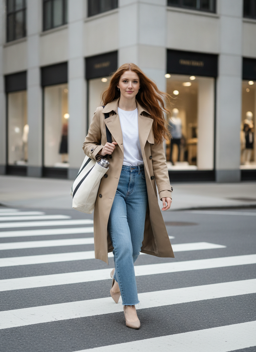 Virtual influencer generator example — a full length street style shot of an AI model in a beige trench coat and straight leg jeans crossing a city street