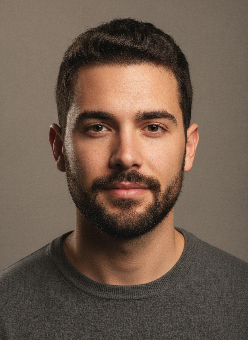 AI brand ambassador generator example — a clean studio media kit headshot of a male virtual persona in a charcoal crew neck sweater