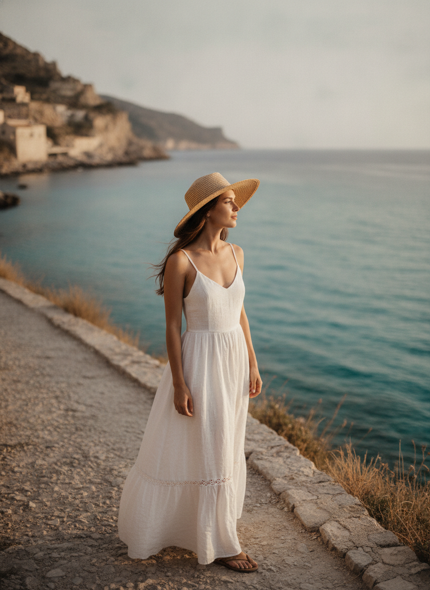 AI virtual model example — a travel lifestyle shot of an AI persona in a white linen dress and straw hat on a coastal path at golden hour