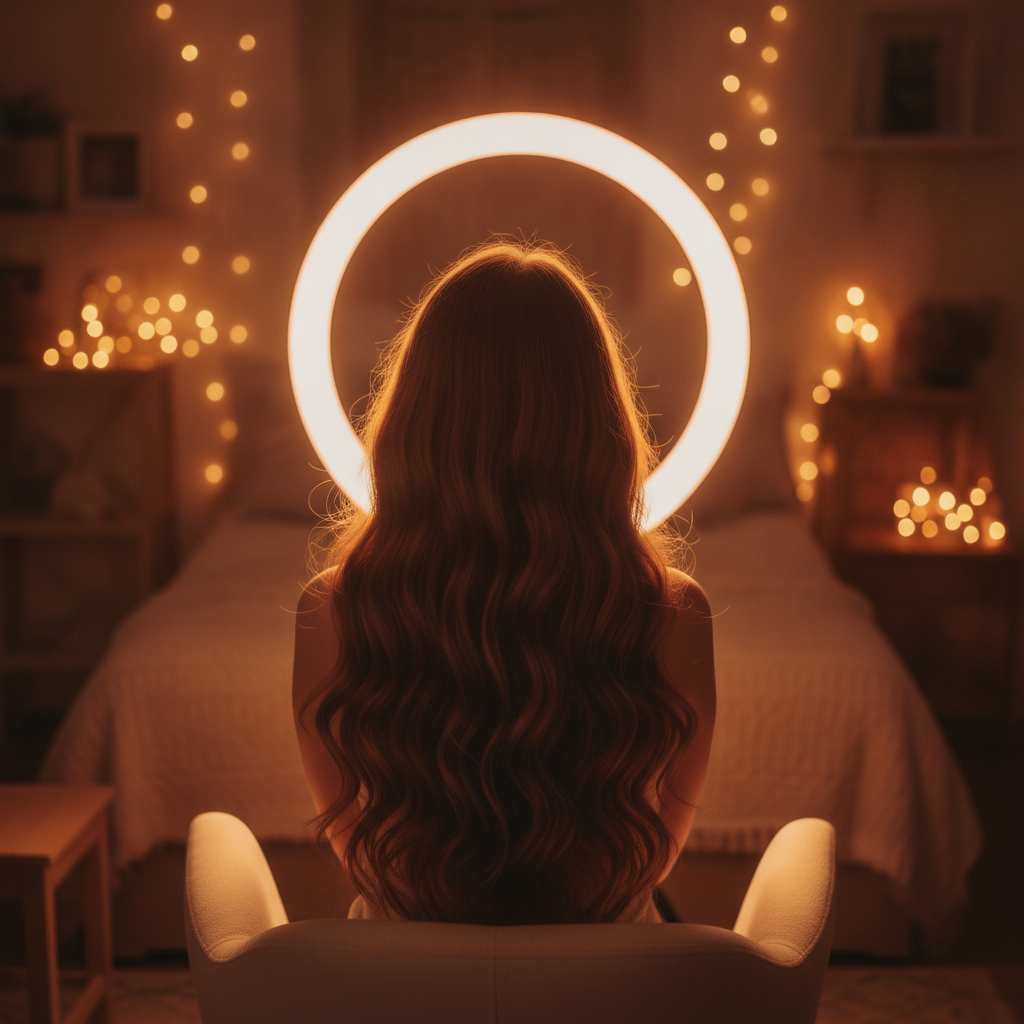View from behind of a creator with long wavy hair sitting in front of a glowing ring light in a cosy bedroom studio, warm amber fairy lights blurred behind