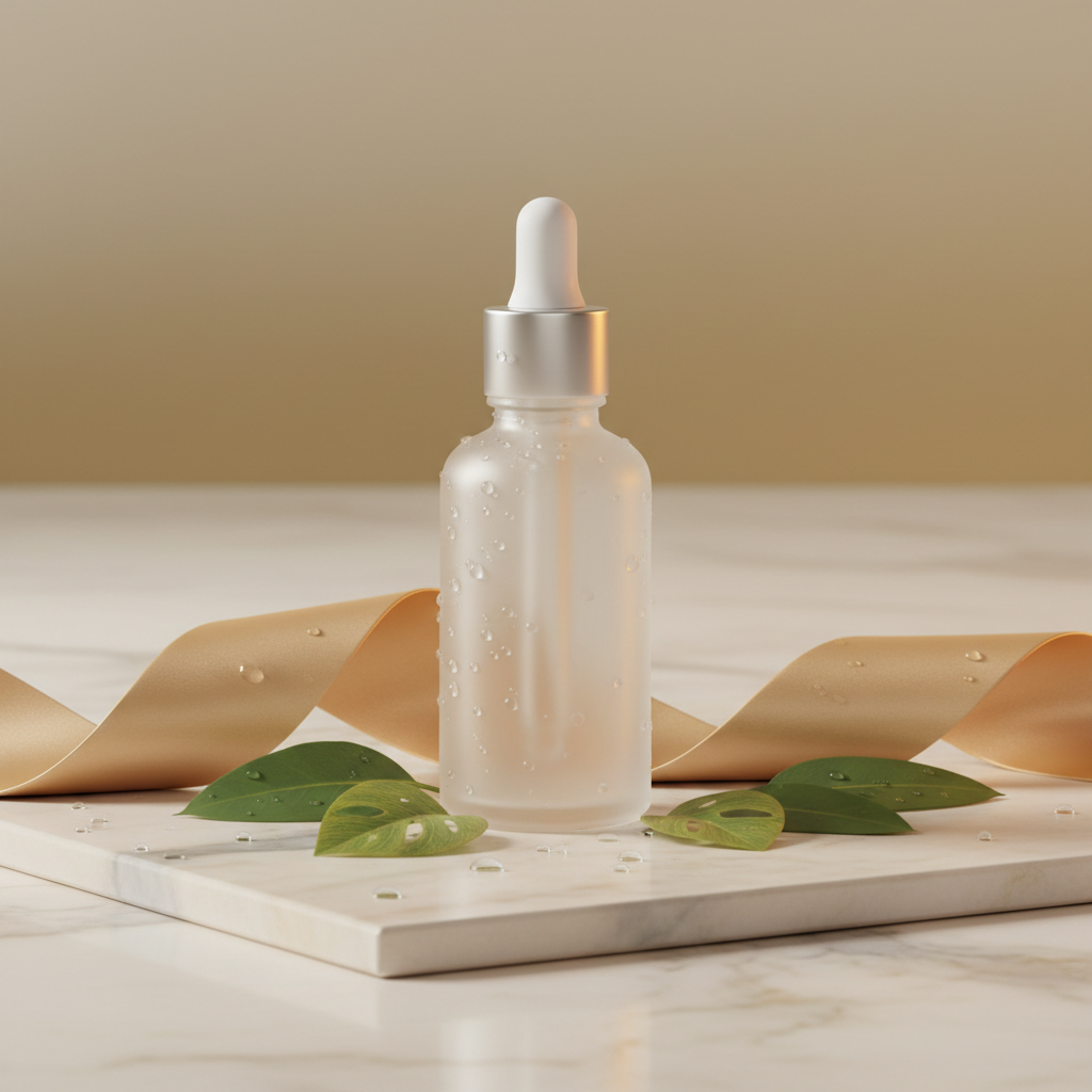 Unbranded frosted glass skincare dropper bottle on cream marble with a silk ribbon and green leaves, edited for a brand collaboration post